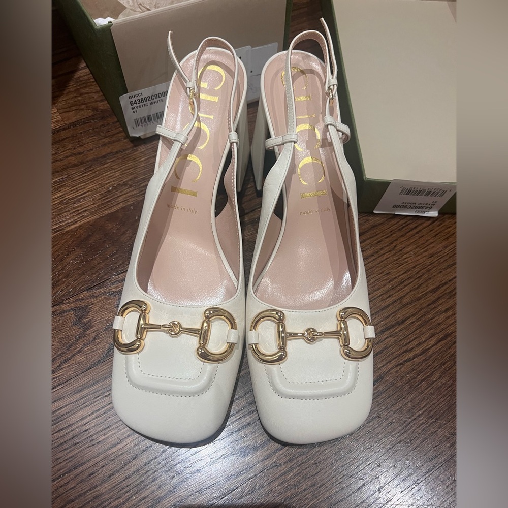 Gucci GG Slingback Horsebit Pumps Chunk Heel Heels Mystic White Leather Sz 41 - Picture 2 of 15